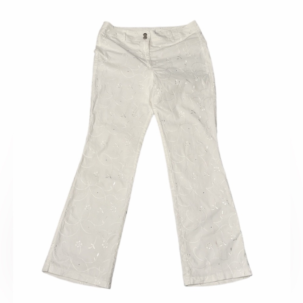 Escada Floral White Embroidered Flare Leg Pants Size 42 Women’s